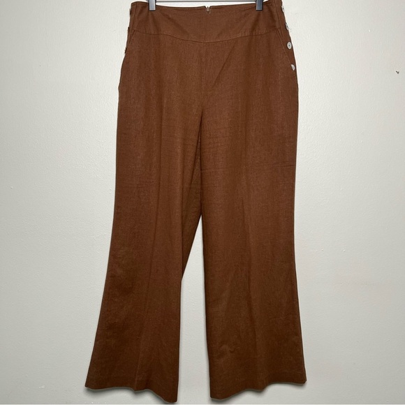 Ninety Women Linen Trouser Pants 14 Sailor Wide‎ Leg Chocolate Brown Fisherman - Picture 1 of 8